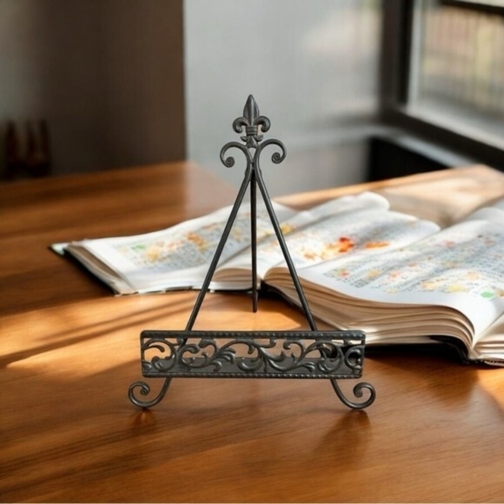 Vintage Ornate Cast Iron Cookbook Stand Folding Display Easel 16" Black VG